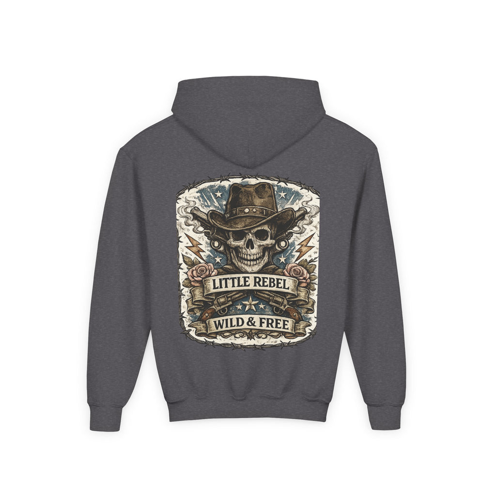 Youth Hoodie — Little Rebel Wild & Free Skull Cowboy Graphic