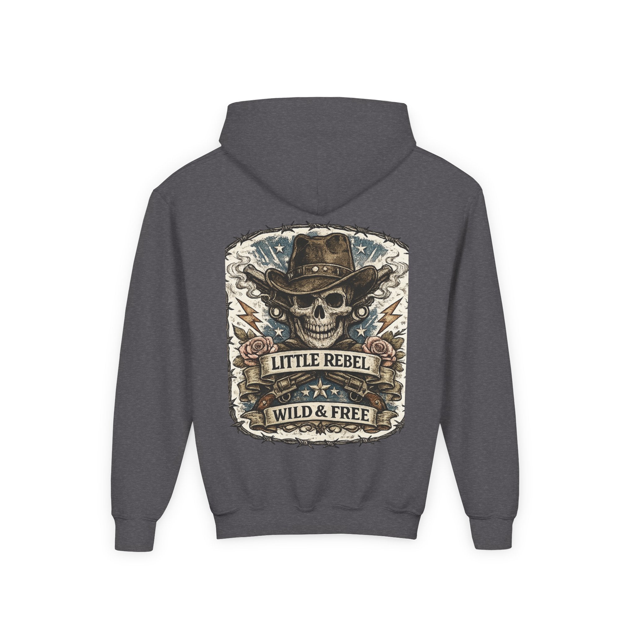 Youth Hoodie — Little Rebel Wild & Free Skull Cowboy Graphic