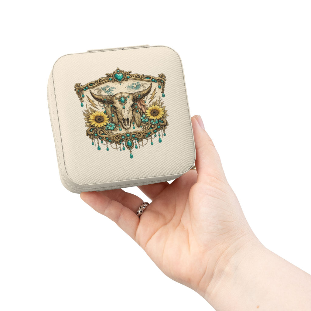 Boho Skull & Sunflower Jewelry Travel Case — Compact Organizer for Rings, Earrings & Necklaces