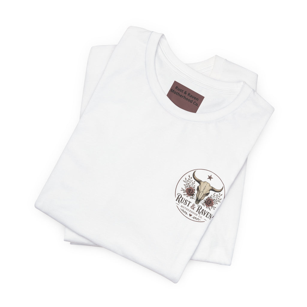 Rust & Raven Motherhood Tee — Western Skull & Roses Mom Shirt