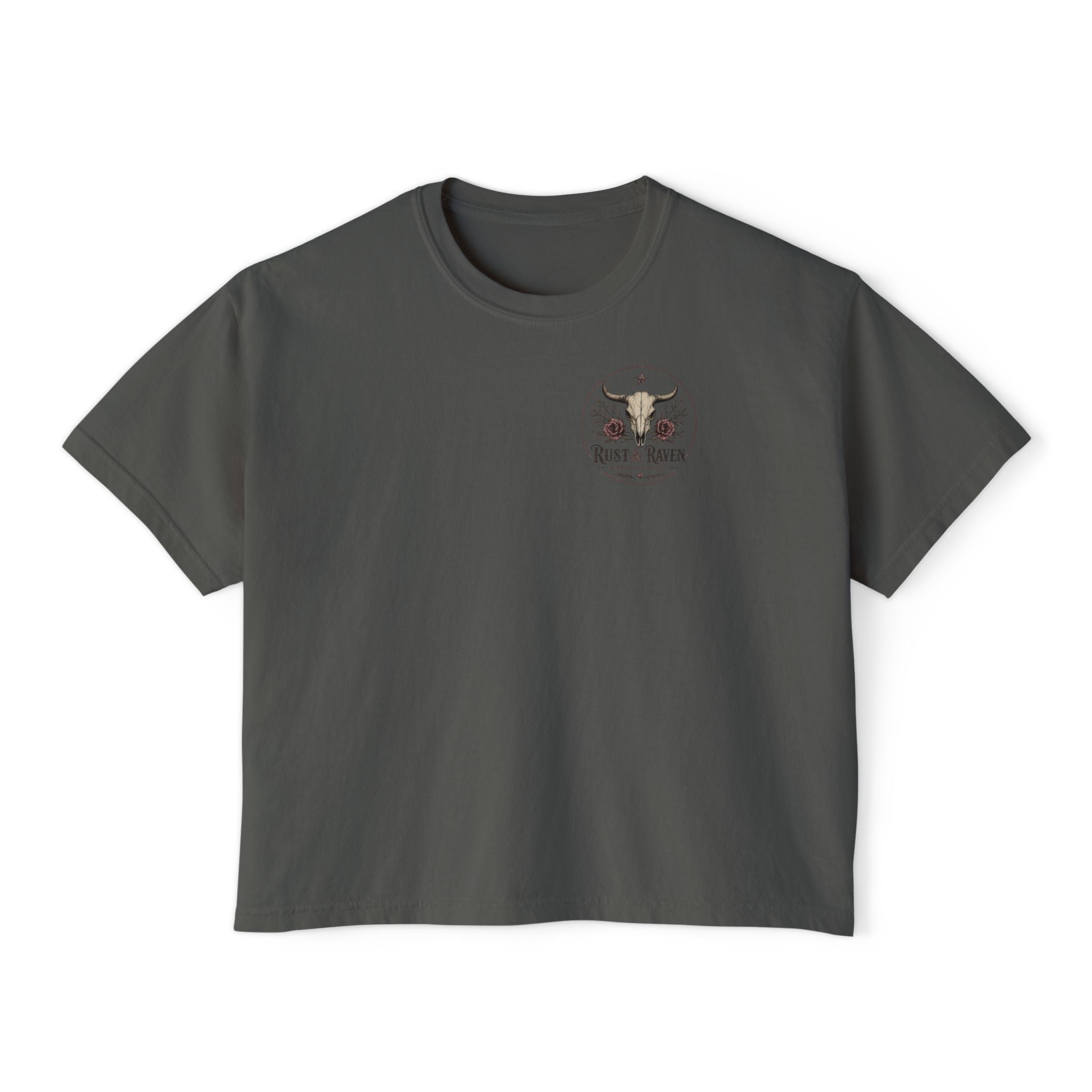 Outlaw Mama Boxy Tee — Western Cow Skull "Raising Legends" Graphic Shirt