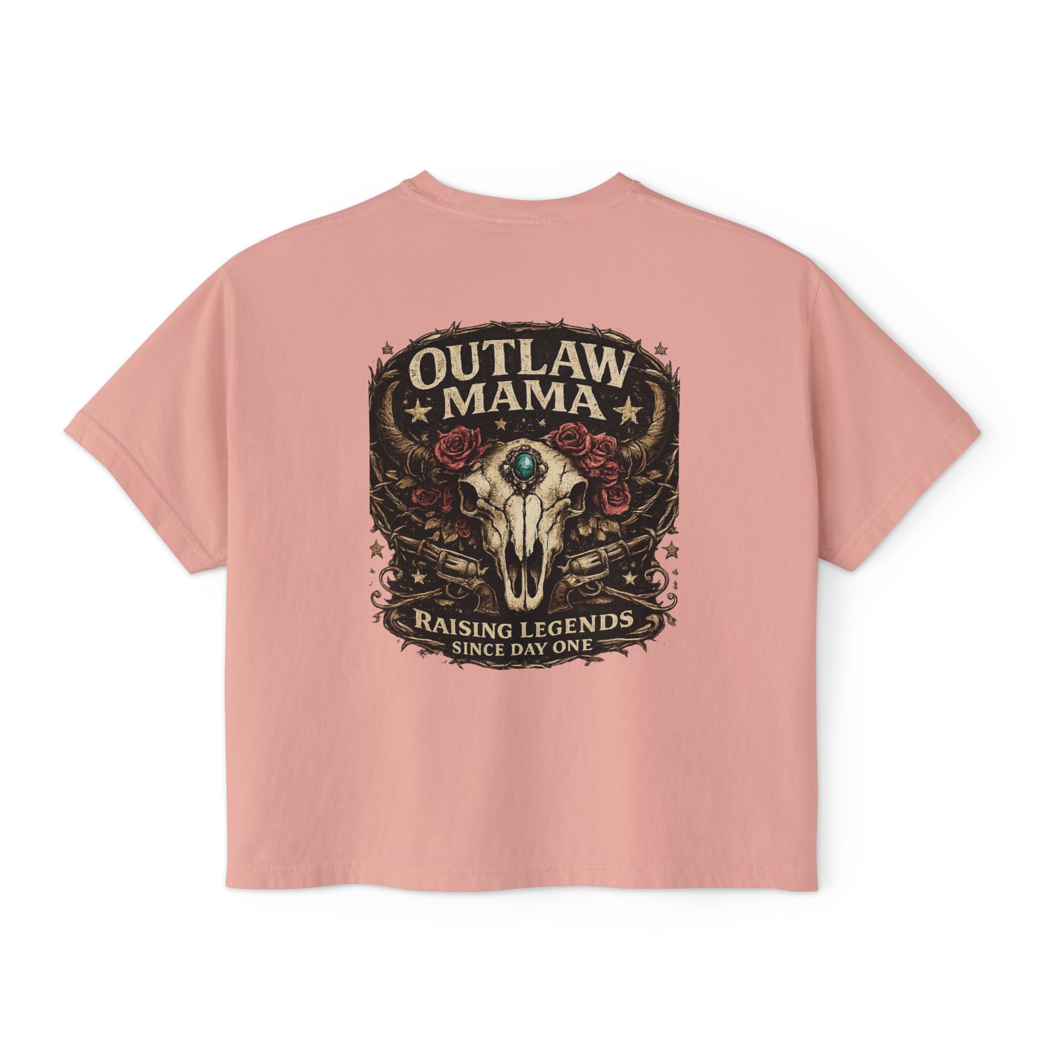 Outlaw Mama Boxy Tee — Western Cow Skull "Raising Legends" Graphic Shirt