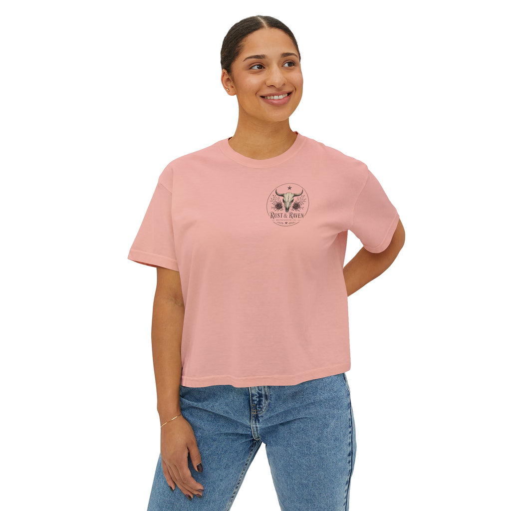 Outlaw Mama Boxy Tee — Western Cow Skull "Raising Legends" Graphic Shirt