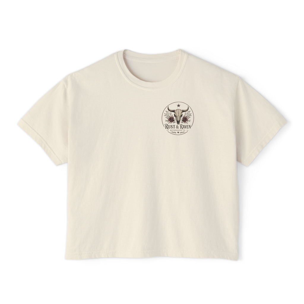Outlaw Mama Boxy Tee — Western Cow Skull "Raising Legends" Graphic Shirt