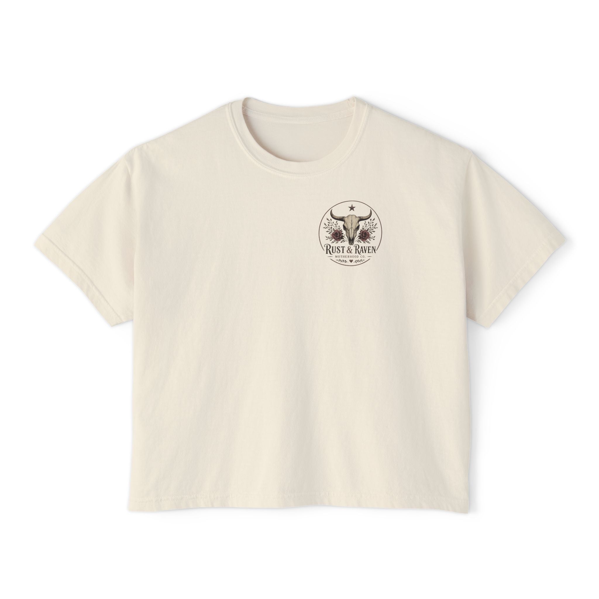 Outlaw Mama Boxy Tee — Western Cow Skull "Raising Legends" Graphic Shirt