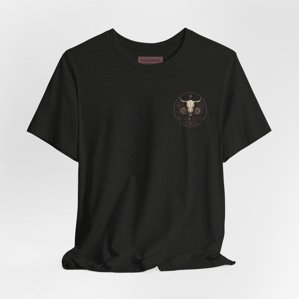 Rust & Raven Motherhood Tee — Western Skull & Roses Mom Shirt