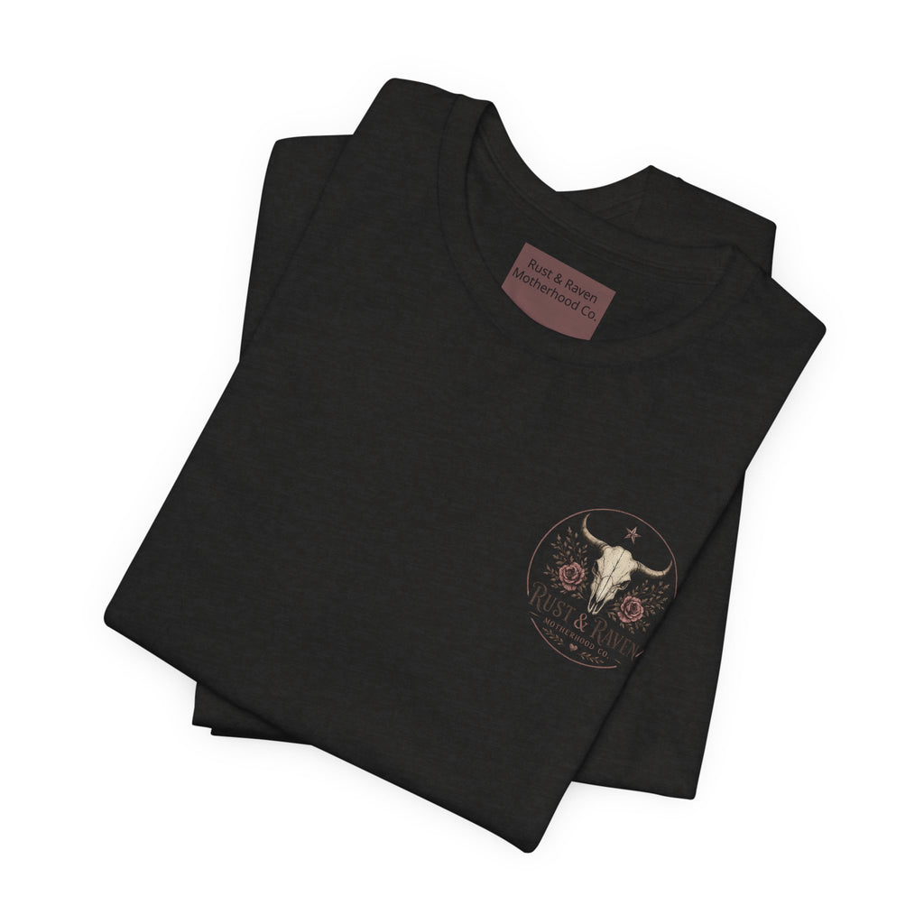 Rust & Raven Motherhood Tee — Western Skull & Roses Mom Shirt