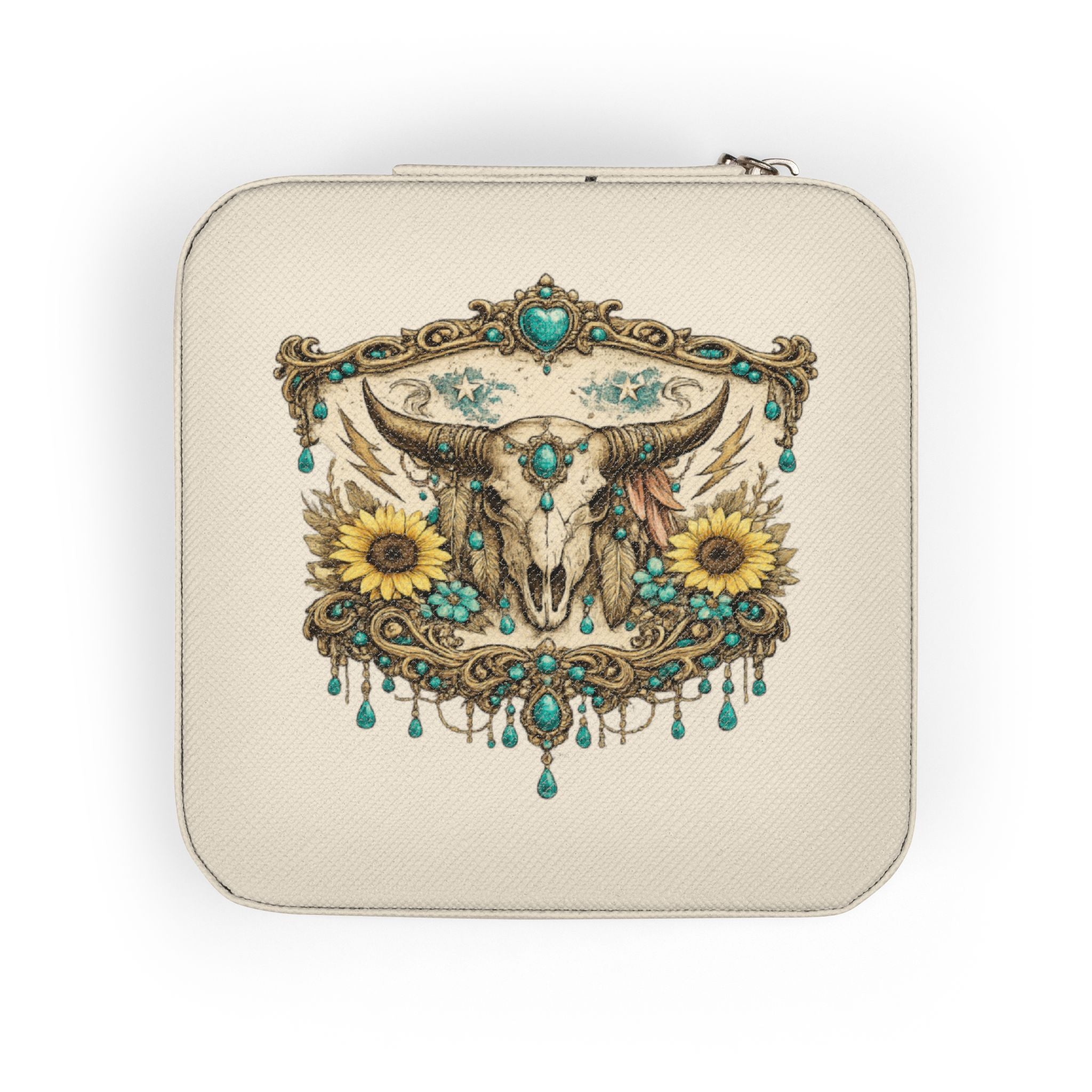 Boho Skull & Sunflower Jewelry Travel Case — Compact Organizer for Rings, Earrings & Necklaces