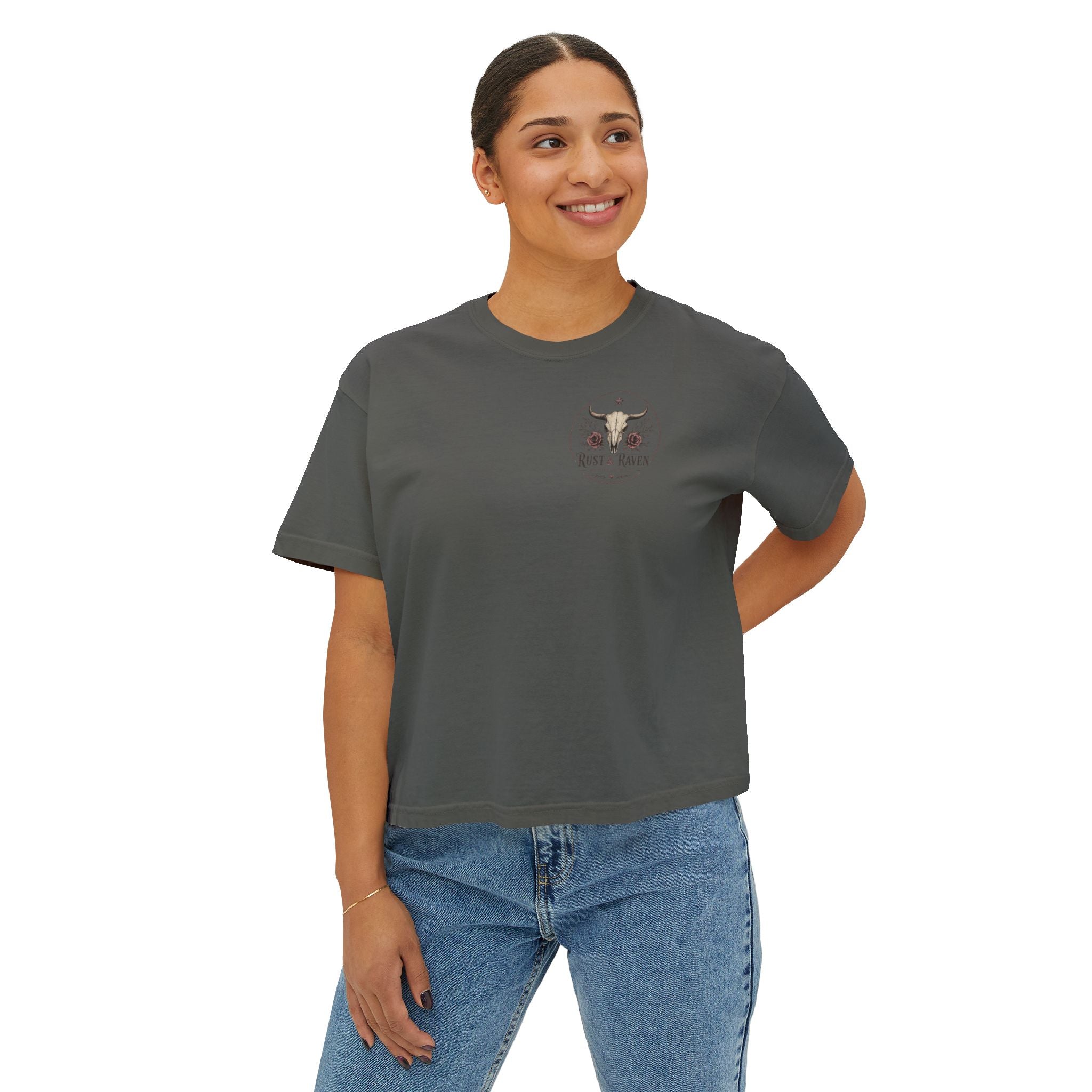 Outlaw Mama Boxy Tee — Western Cow Skull "Raising Legends" Graphic Shirt