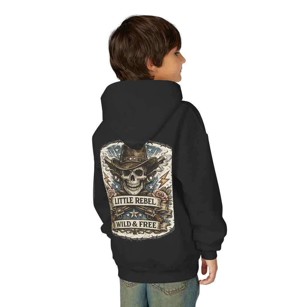 Youth Hoodie — Little Rebel Wild & Free Skull Cowboy Graphic