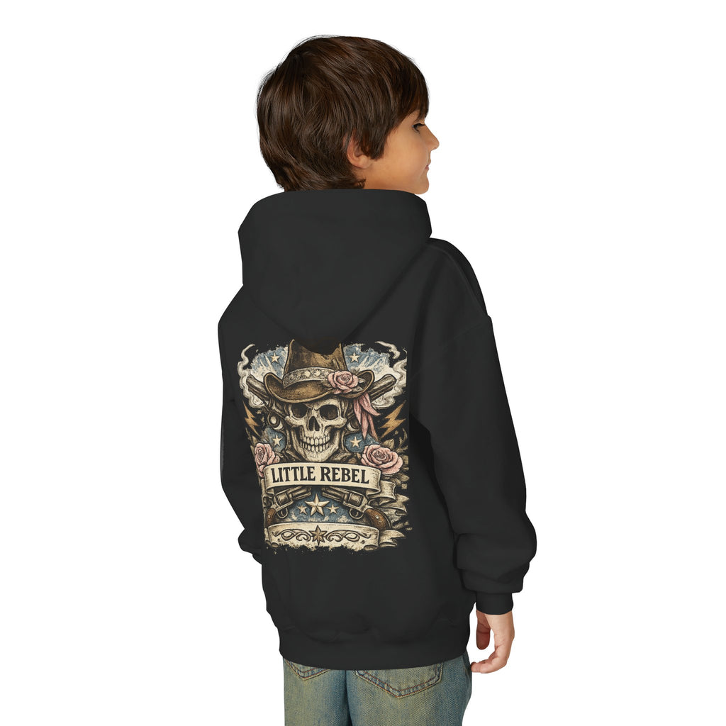 Little Rebel Youth Hoodie — Skull Cowboy Graphic Kids Sweatshirt