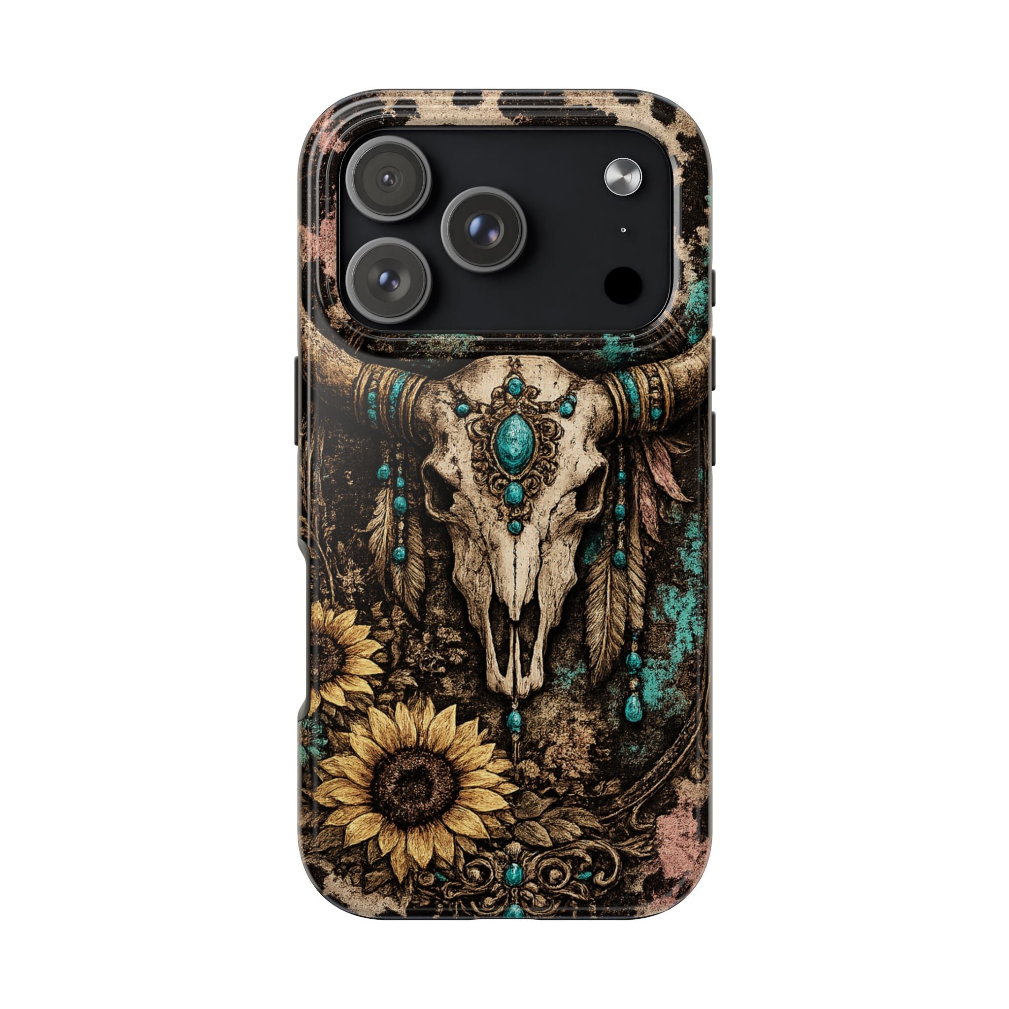 Turquoise Skull Tough Phone Case — Western Cow Skull, Sunflower & Boho Turquoise Accent