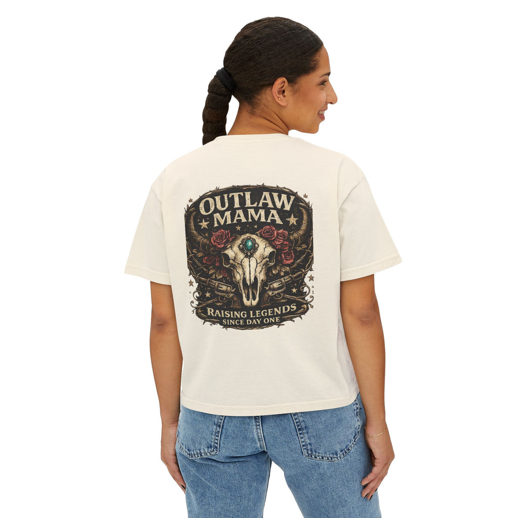 Outlaw Mama Boxy Tee — Western Cow Skull "Raising Legends" Graphic Shirt