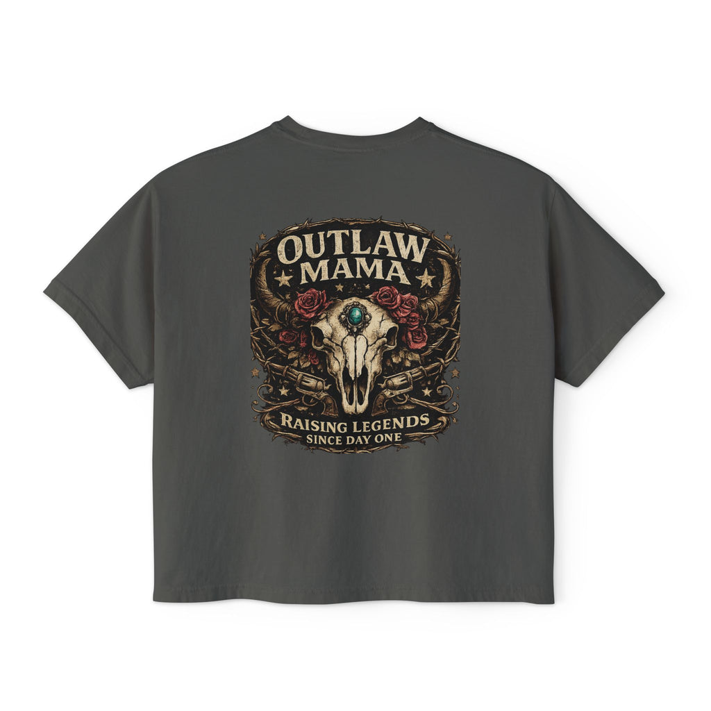 Outlaw Mama Boxy Tee — Western Cow Skull "Raising Legends" Graphic Shirt
