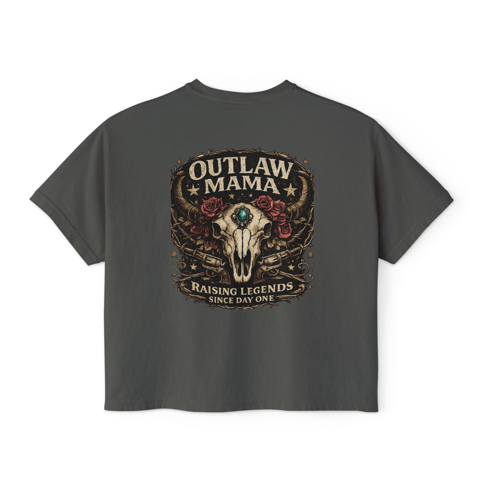 Outlaw Mama Boxy Tee — Western Cow Skull "Raising Legends" Graphic Shirt