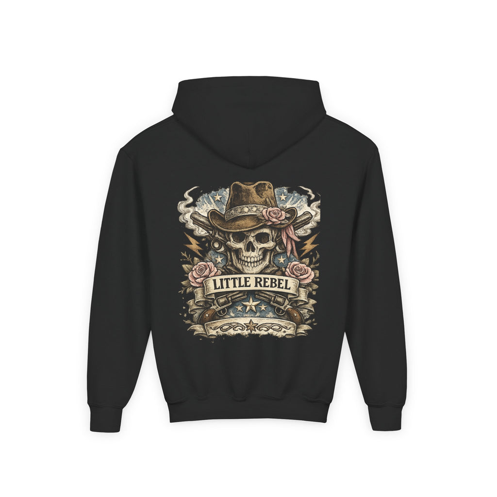 Little Rebel Youth Hoodie — Skull Cowboy Graphic Kids Sweatshirt