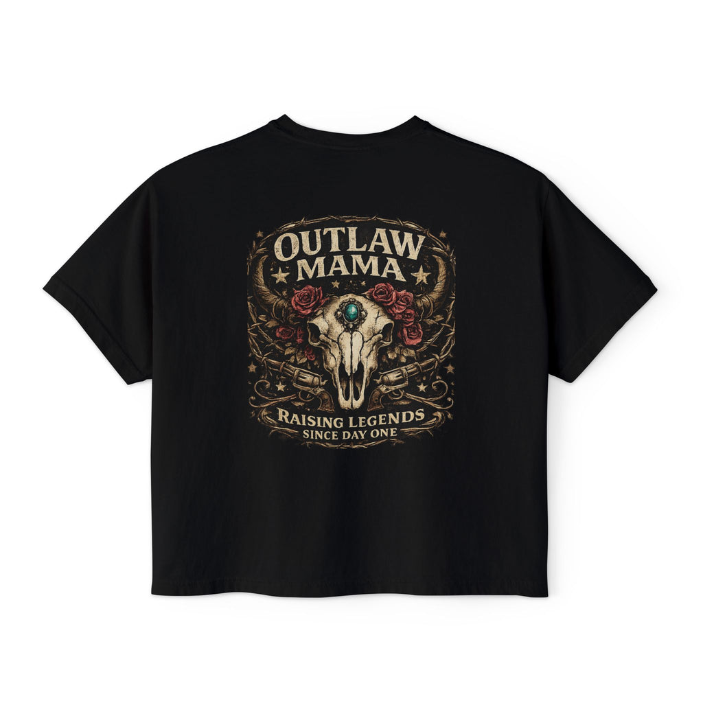 Outlaw Mama Boxy Tee — Western Cow Skull "Raising Legends" Graphic Shirt