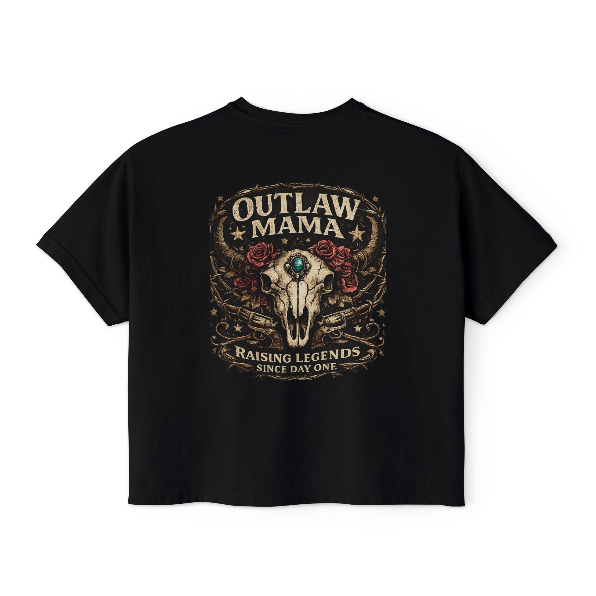 Outlaw Mama Boxy Tee — Western Cow Skull "Raising Legends" Graphic Shirt