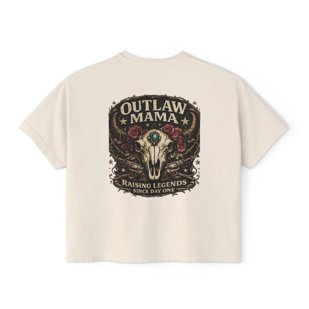 Outlaw Mama Boxy Tee — Western Cow Skull "Raising Legends" Graphic Shirt