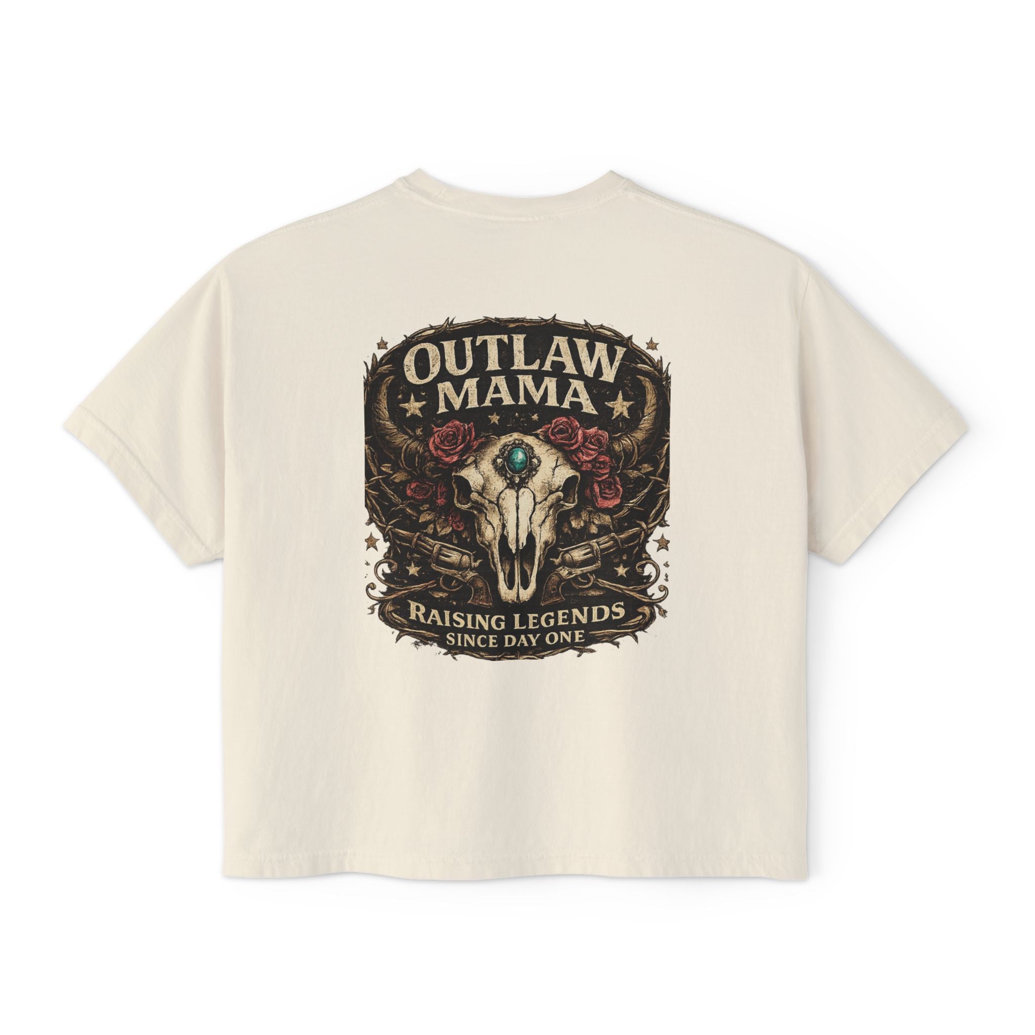 Outlaw Mama Boxy Tee — Western Cow Skull "Raising Legends" Graphic Shirt