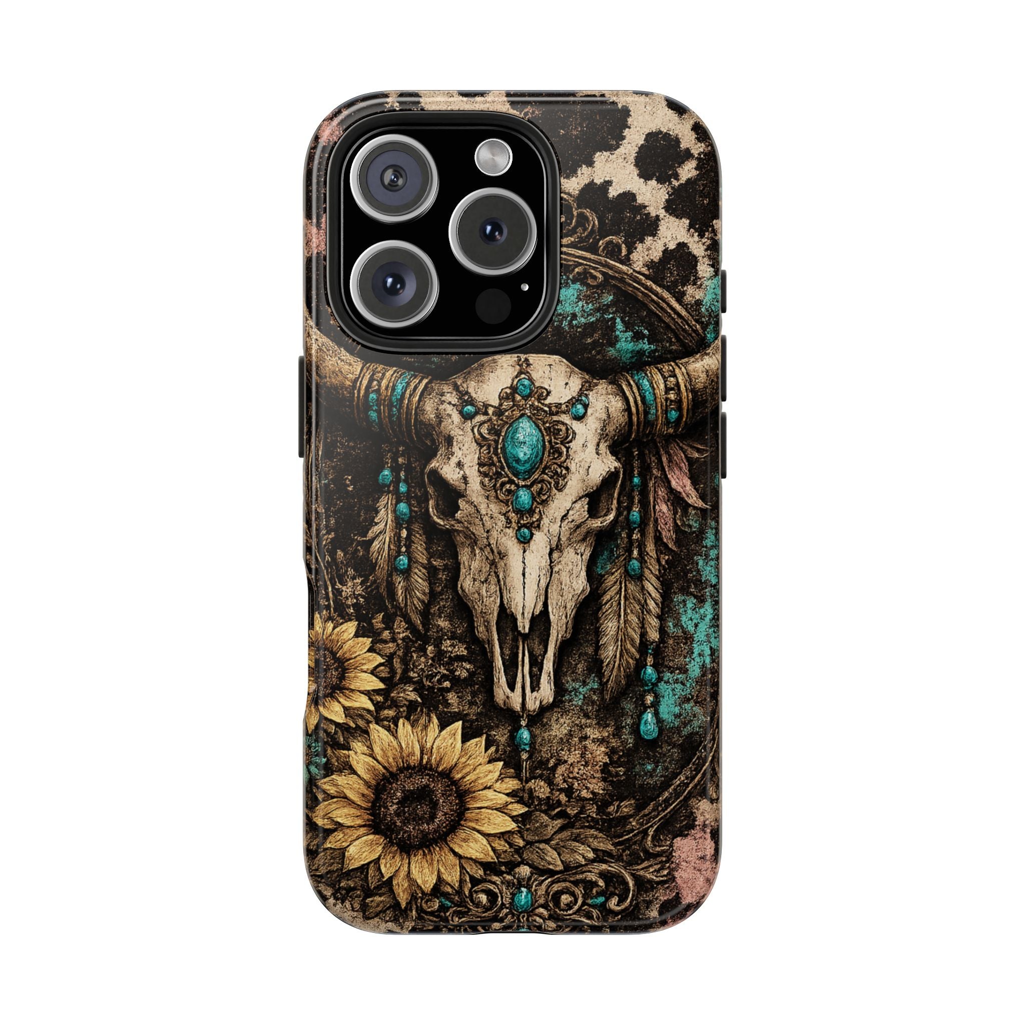 Turquoise Skull Tough Phone Case — Western Cow Skull, Sunflower & Boho Turquoise Accent