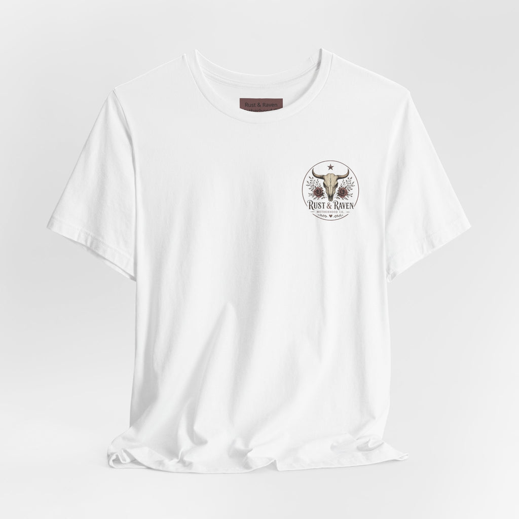 Rust & Raven Motherhood Tee — Western Skull & Roses Mom Shirt