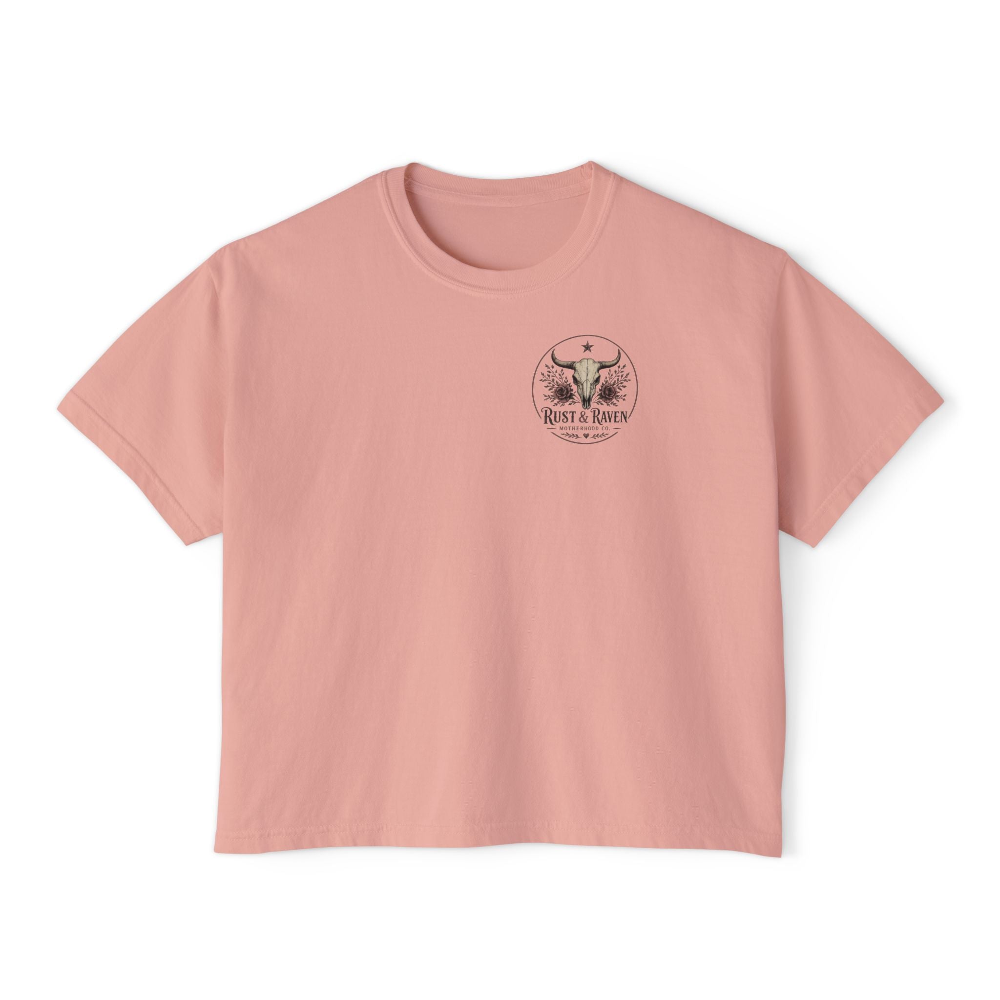 Outlaw Mama Boxy Tee — Western Cow Skull "Raising Legends" Graphic Shirt