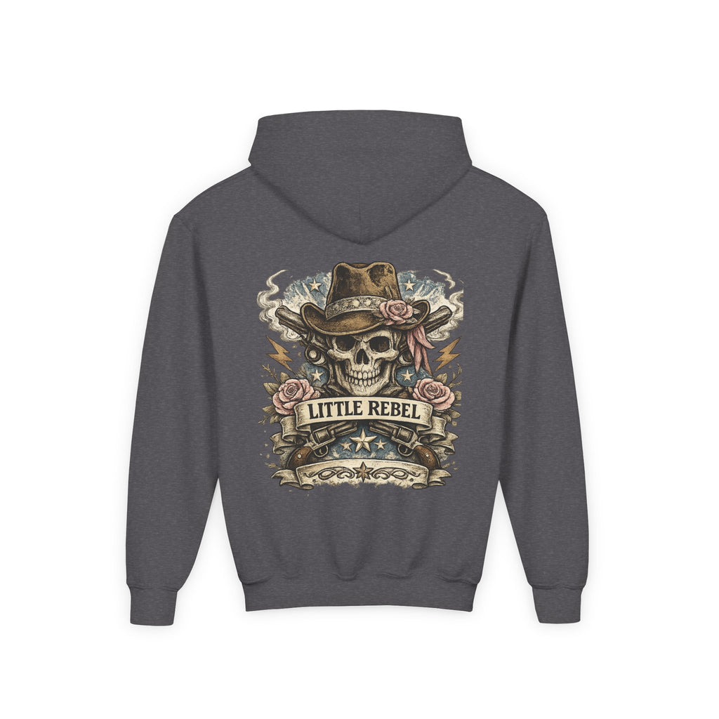Little Rebel Youth Hoodie — Skull Cowboy Graphic Kids Sweatshirt
