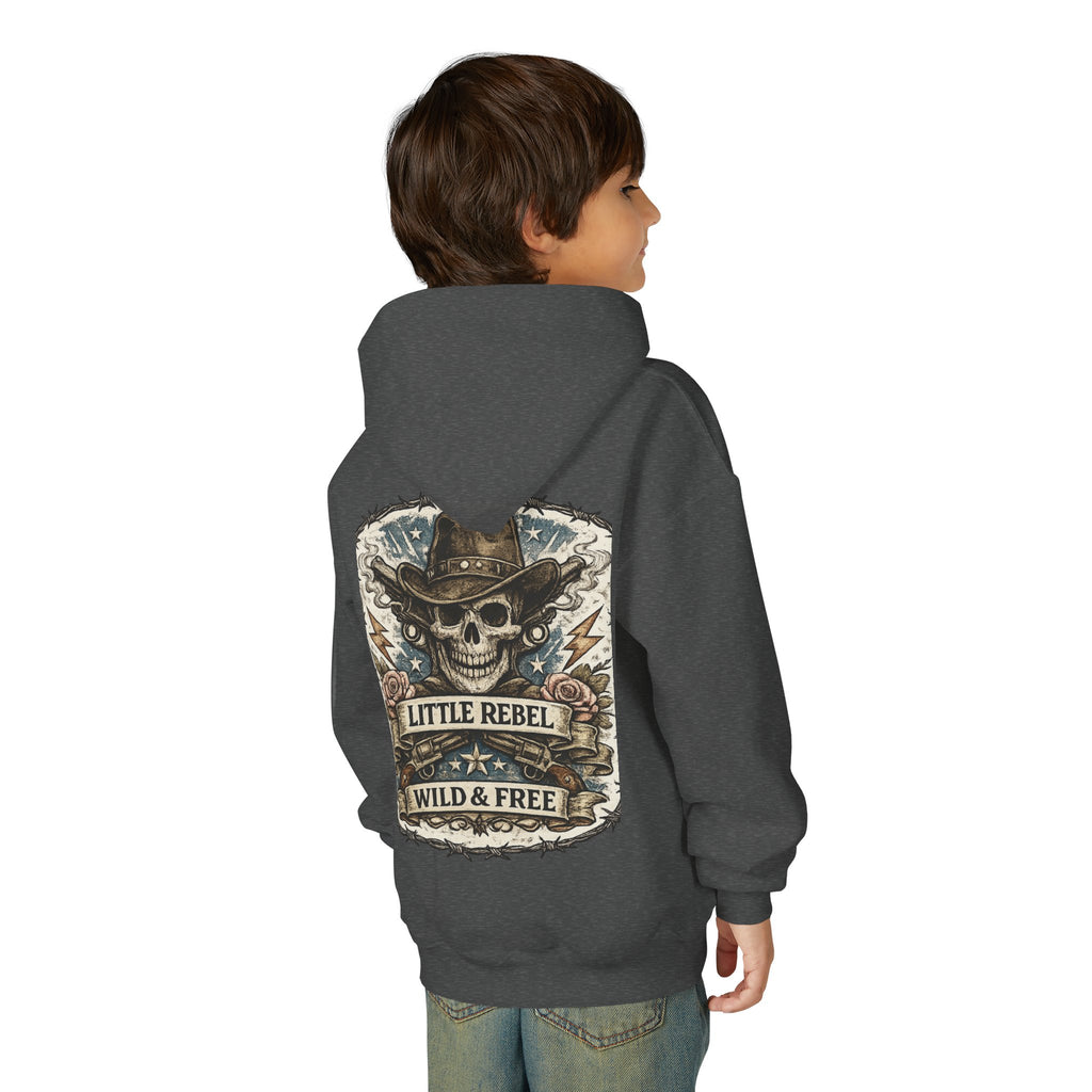 Youth Hoodie — Little Rebel Wild & Free Skull Cowboy Graphic