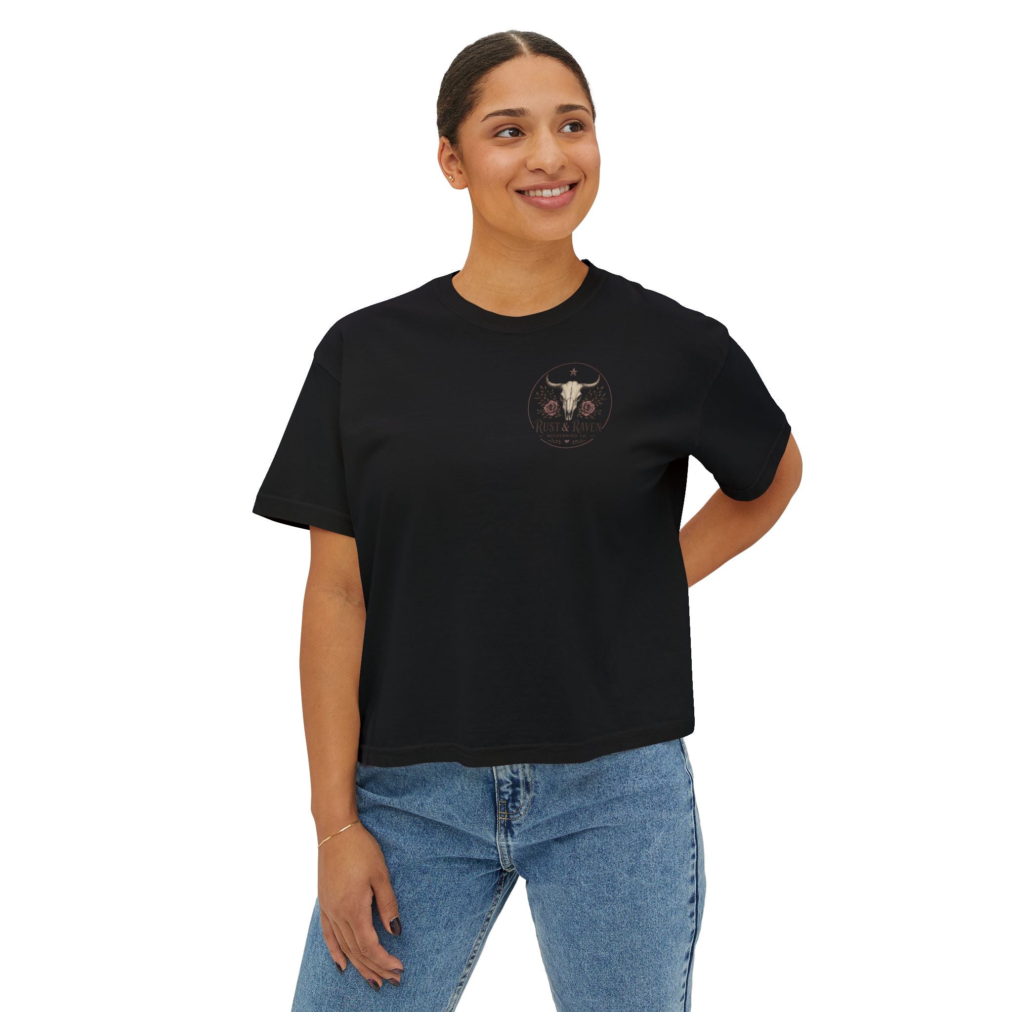 Outlaw Mama Boxy Tee — Western Cow Skull "Raising Legends" Graphic Shirt