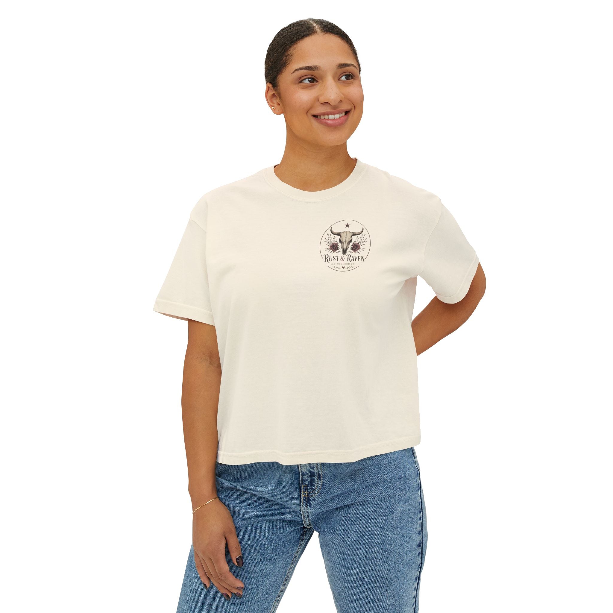 Outlaw Mama Boxy Tee — Western Cow Skull "Raising Legends" Graphic Shirt
