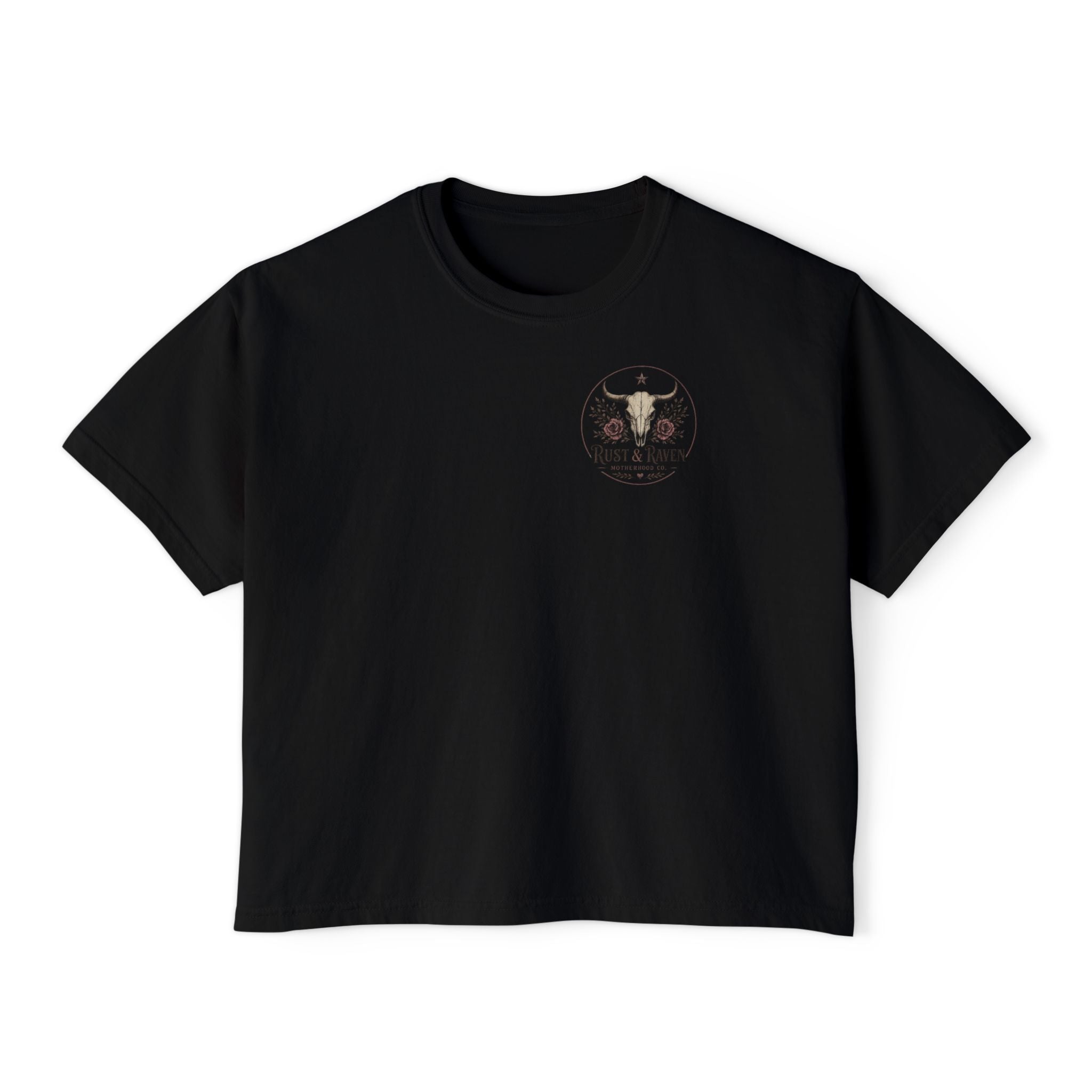 Outlaw Mama Boxy Tee — Western Cow Skull "Raising Legends" Graphic Shirt