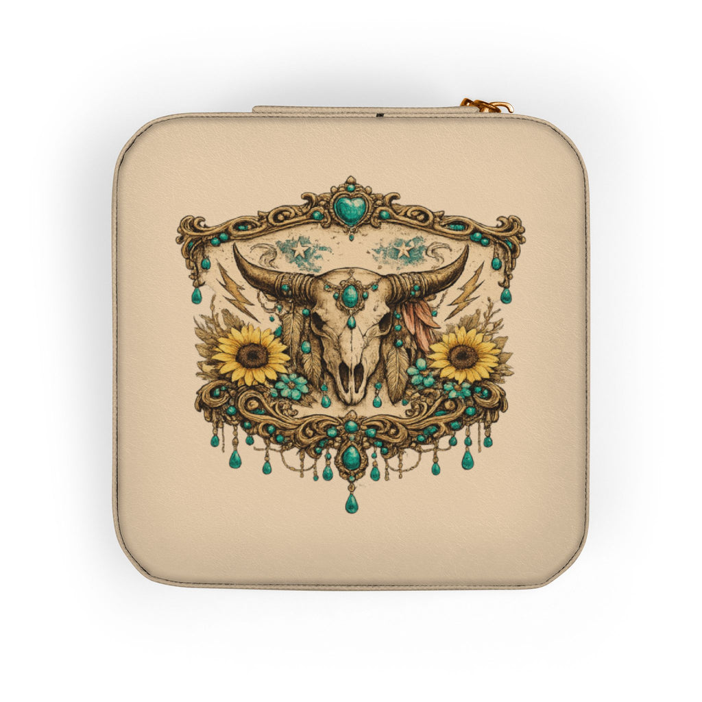Boho Skull & Sunflower Jewelry Travel Case — Compact Organizer for Rings, Earrings & Necklaces