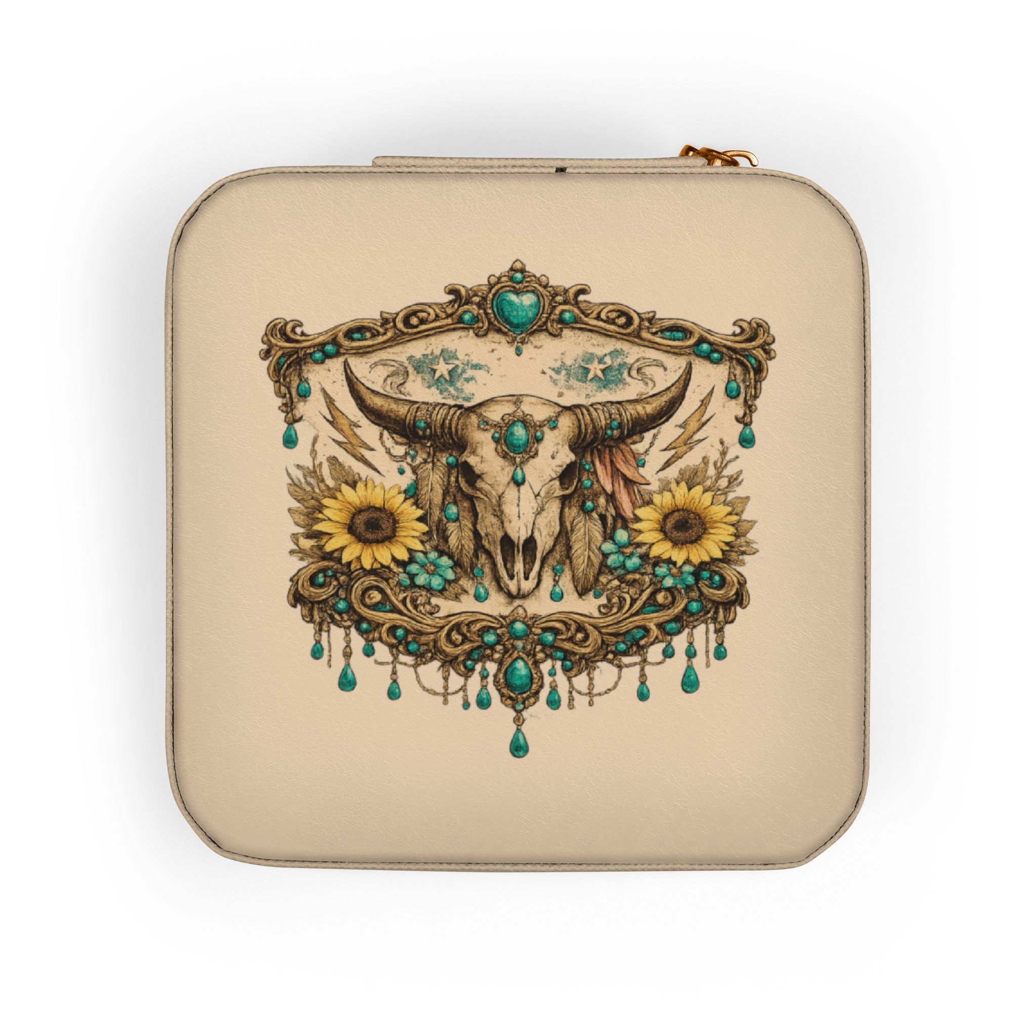 Boho Skull & Sunflower Jewelry Travel Case — Compact Organizer for Rings, Earrings & Necklaces