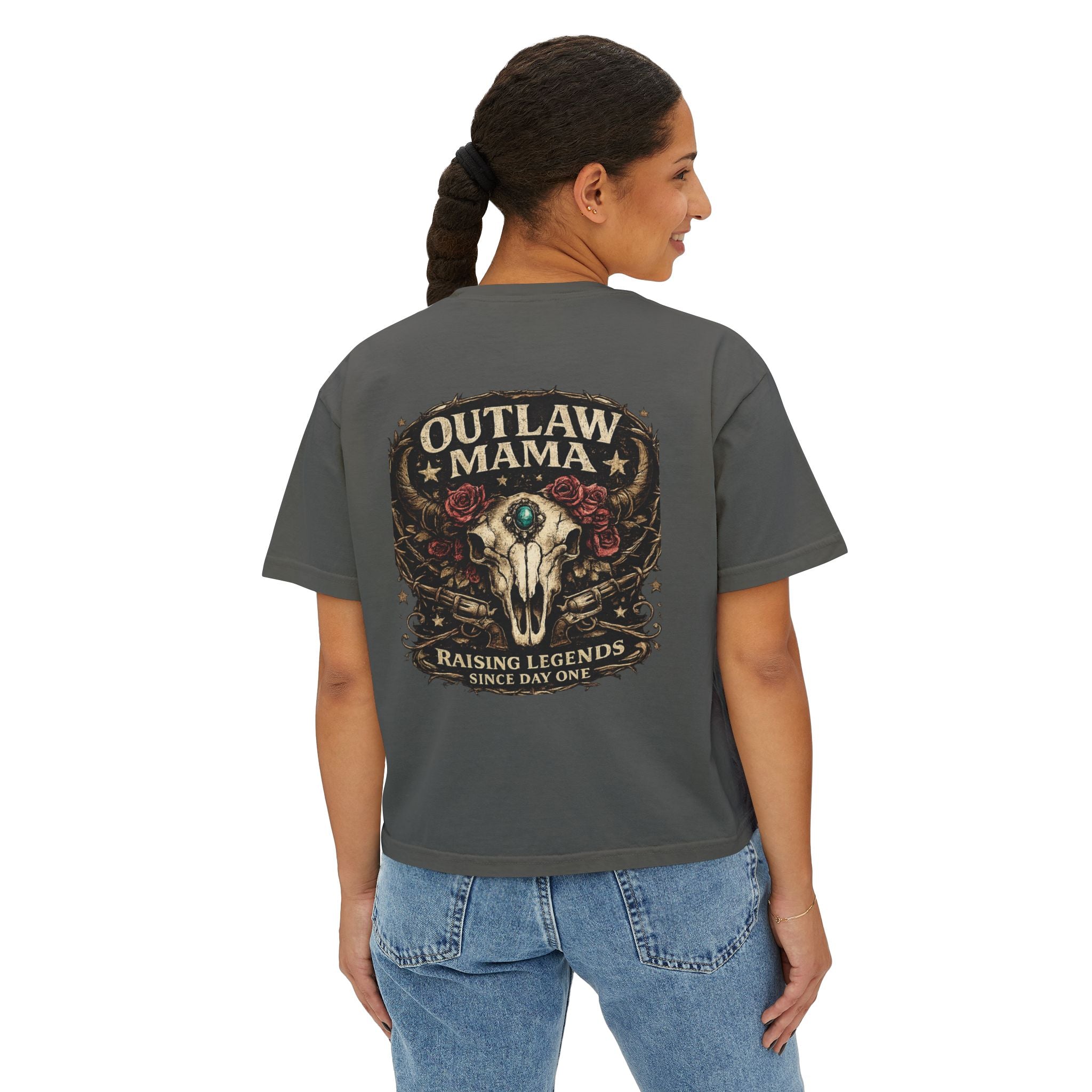 Outlaw Mama Boxy Tee — Western Cow Skull "Raising Legends" Graphic Shirt
