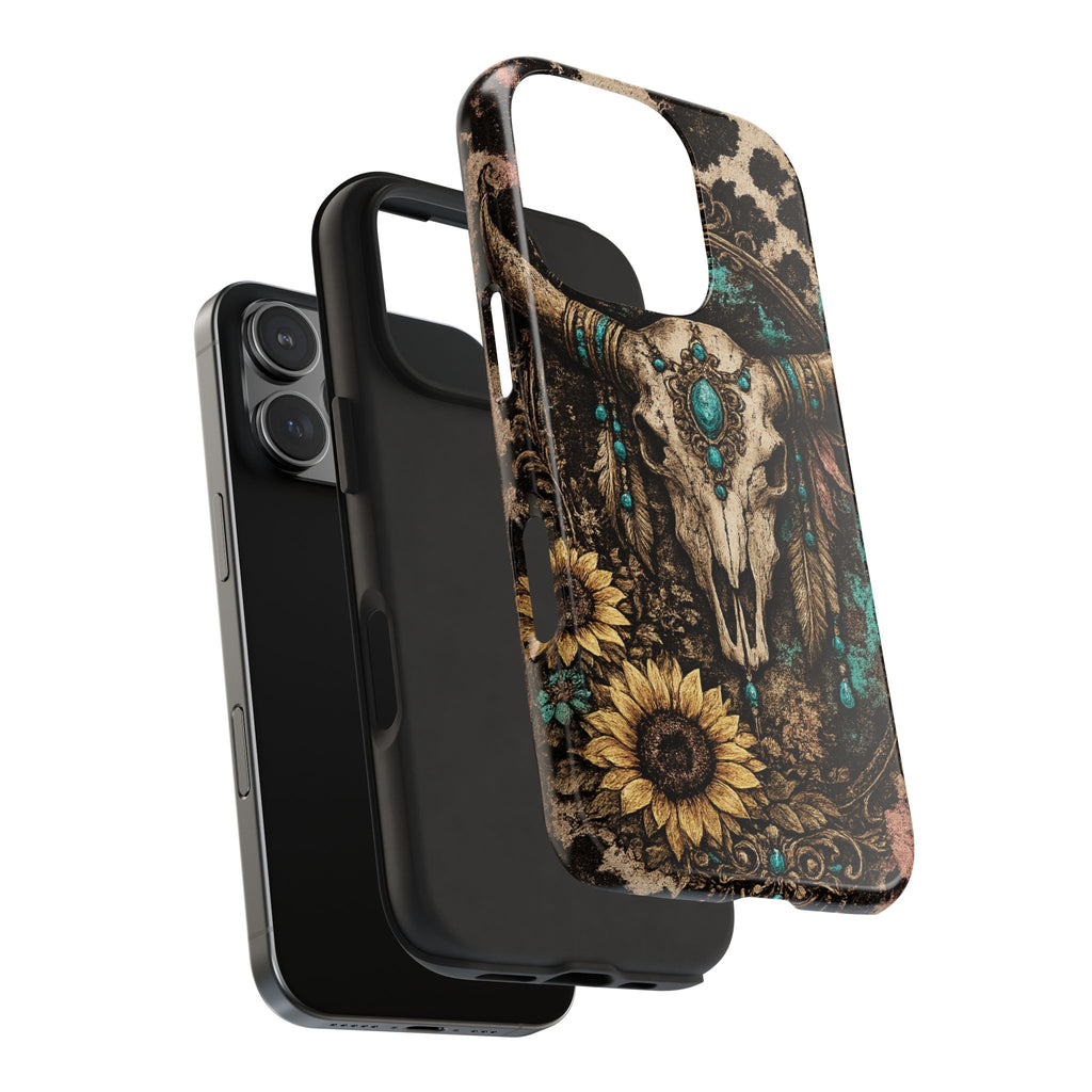 Turquoise Skull Tough Phone Case — Western Cow Skull, Sunflower & Boho Turquoise Accent