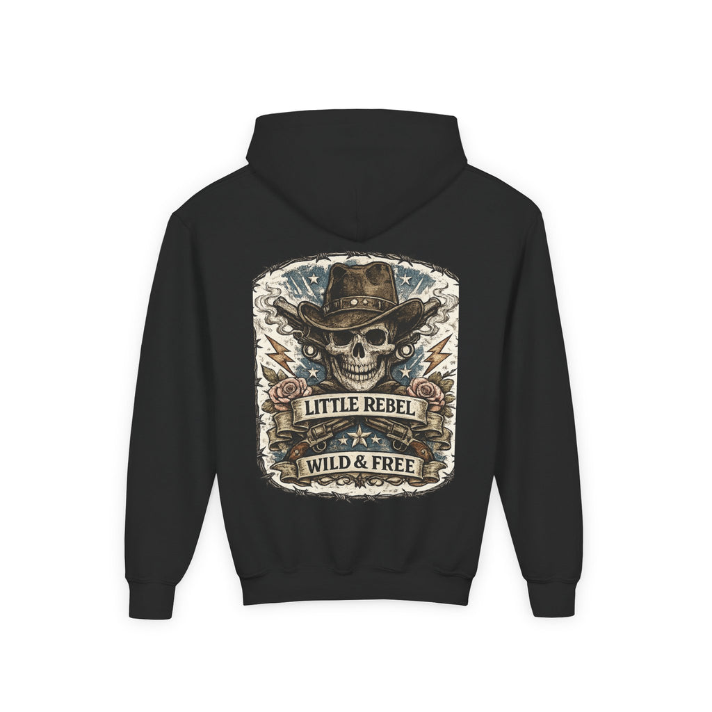 Youth Hoodie — Little Rebel Wild & Free Skull Cowboy Graphic