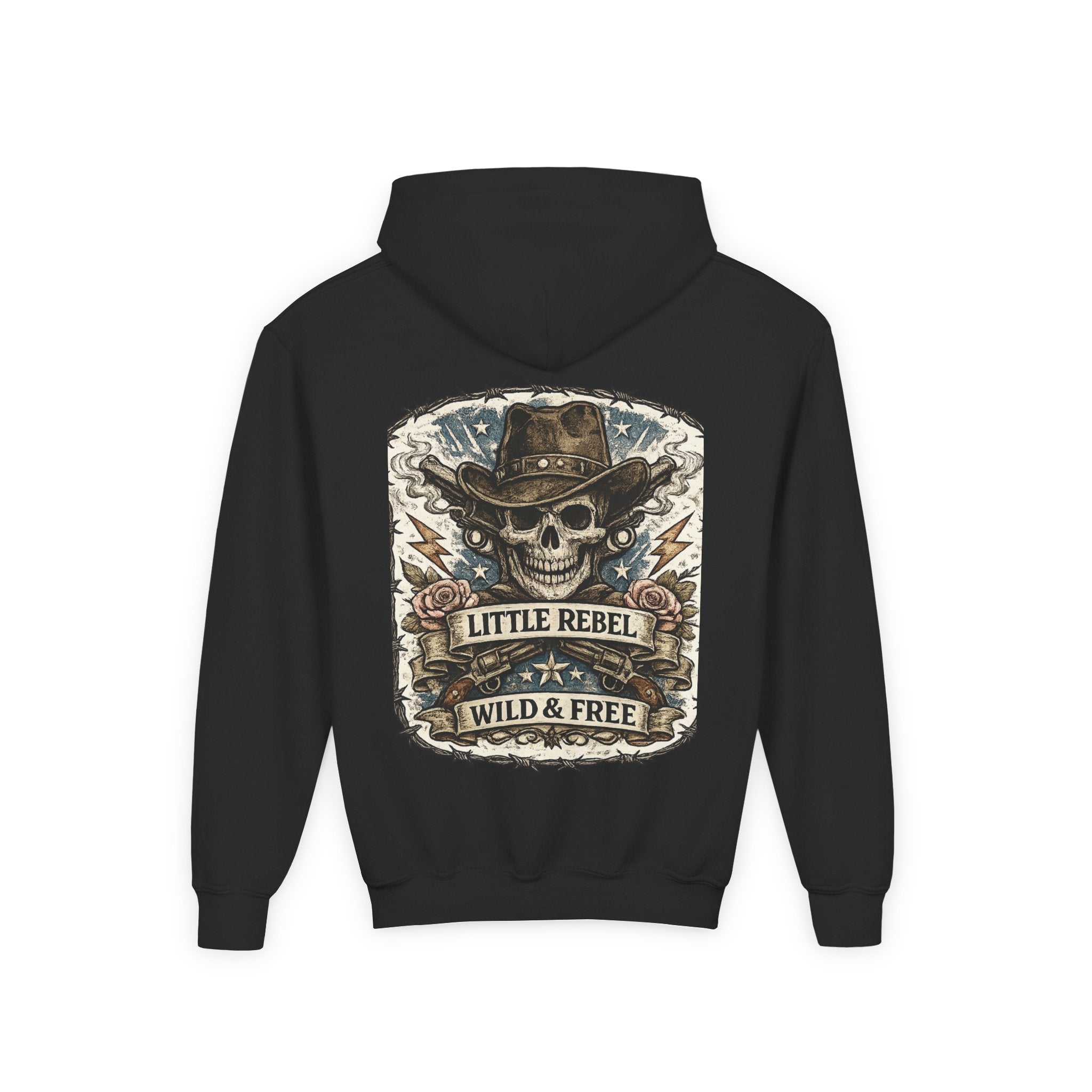 Youth Hoodie — Little Rebel Wild & Free Skull Cowboy Graphic