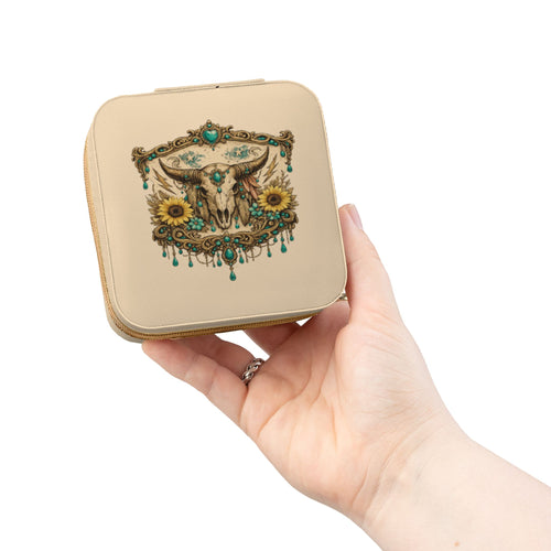 Boho Skull & Sunflower Jewelry Travel Case — Compact Organizer for Rings, Earrings & Necklaces