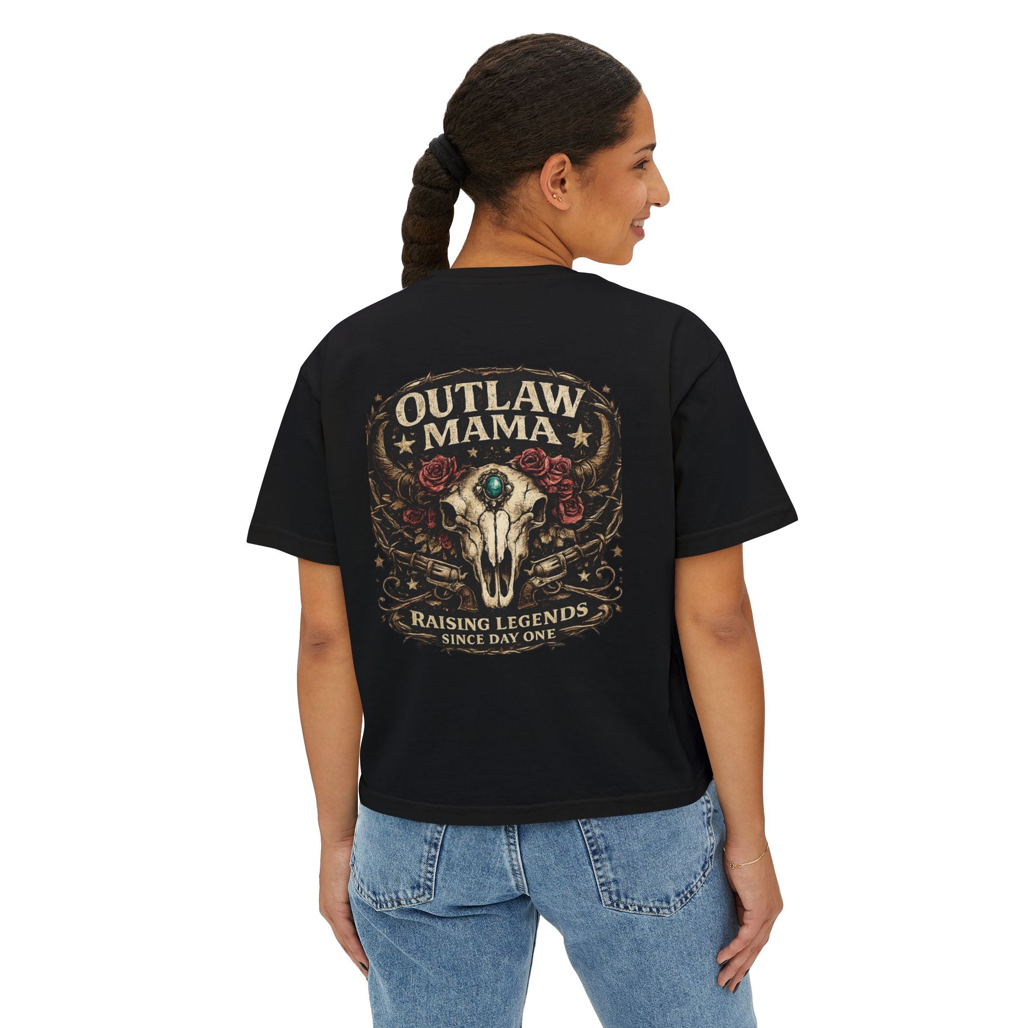 Outlaw Mama Boxy Tee — Western Cow Skull "Raising Legends" Graphic Shirt