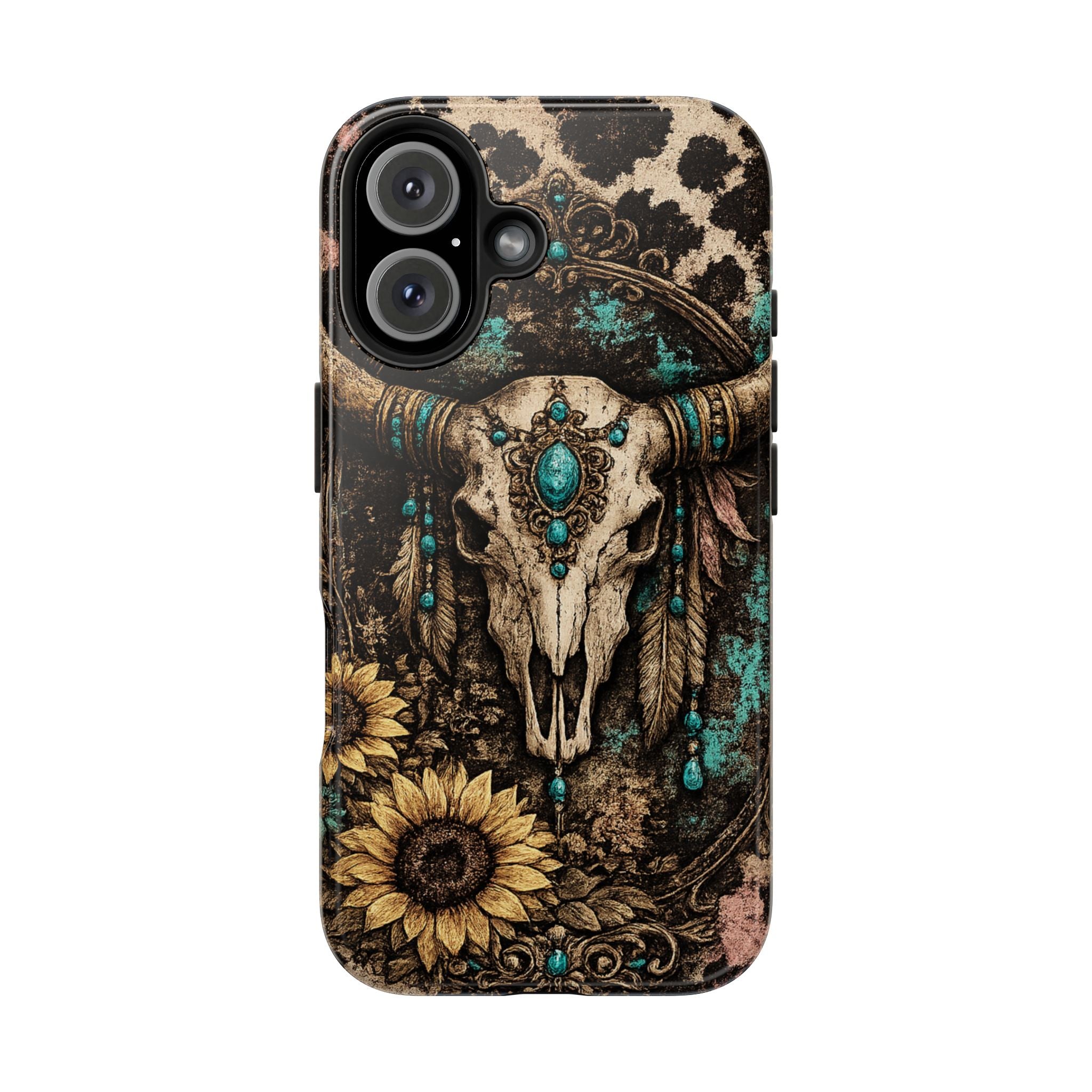 Turquoise Skull Tough Phone Case — Western Cow Skull, Sunflower & Boho Turquoise Accent