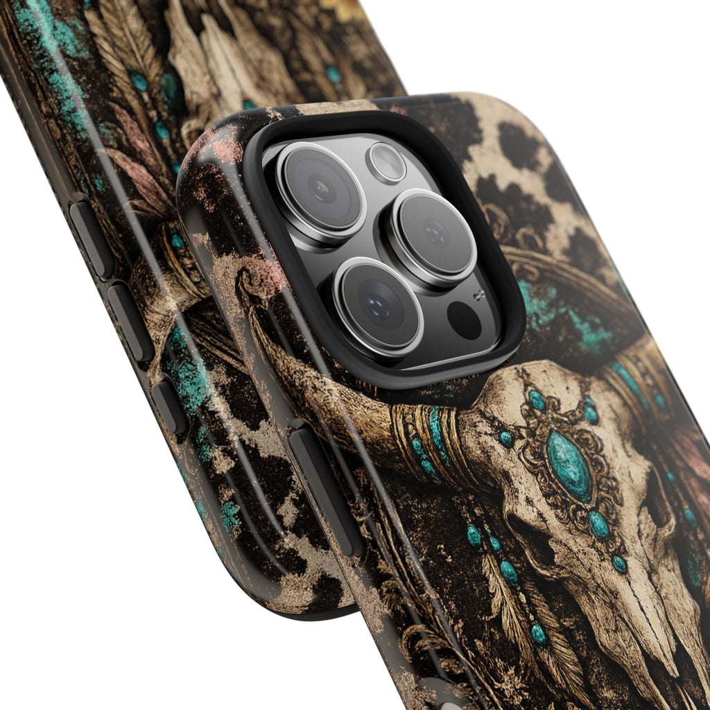 Turquoise Skull Tough Phone Case — Western Cow Skull, Sunflower & Boho Turquoise Accent