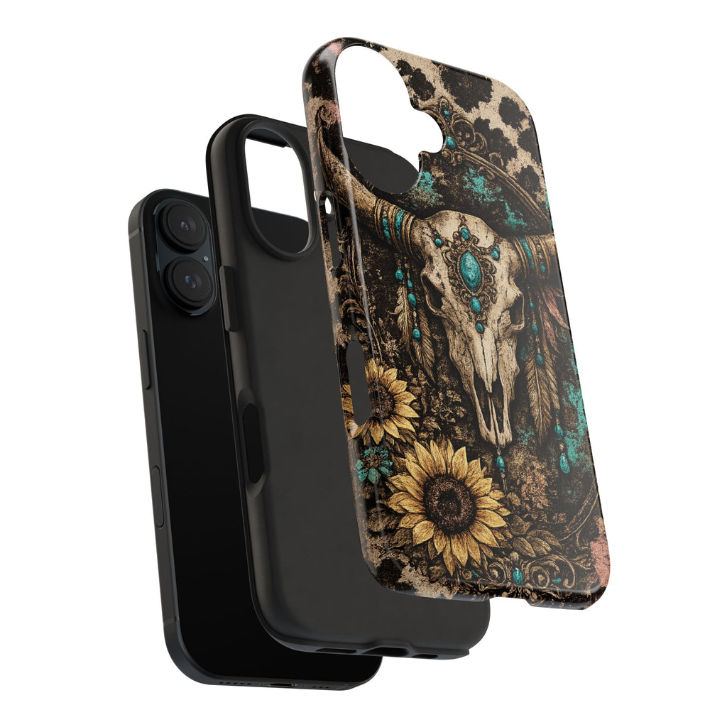 Turquoise Skull Tough Phone Case — Western Cow Skull, Sunflower & Boho Turquoise Accent