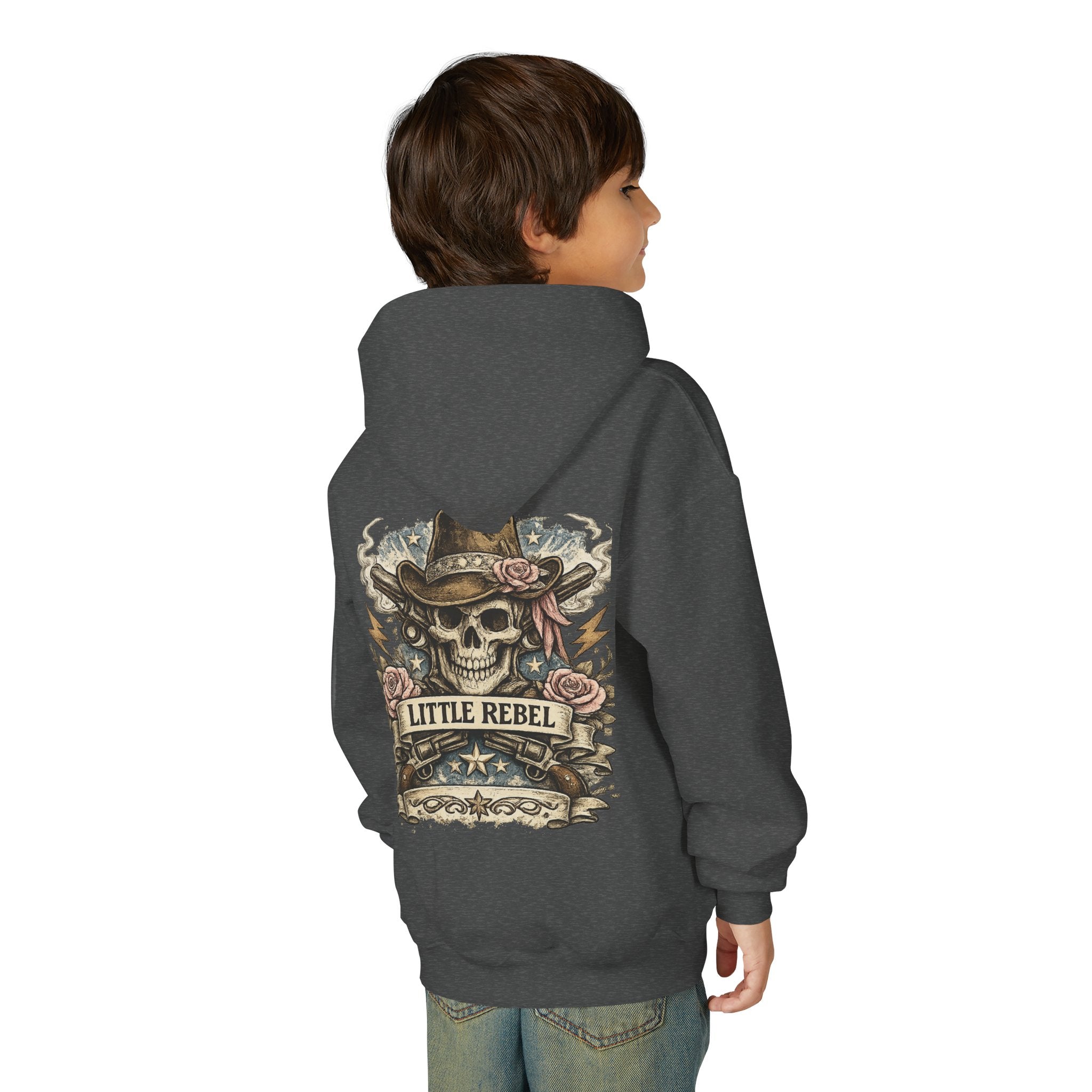 Little Rebel Youth Hoodie — Skull Cowboy Graphic Kids Sweatshirt