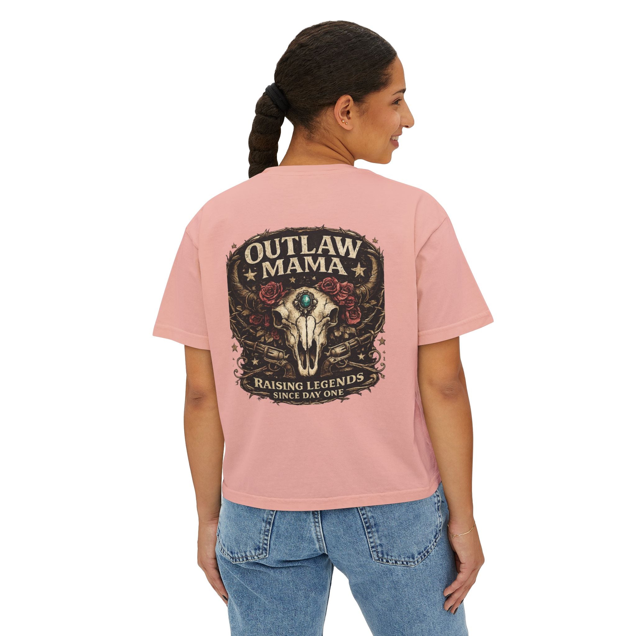 Outlaw Mama Boxy Tee — Western Cow Skull "Raising Legends" Graphic Shirt