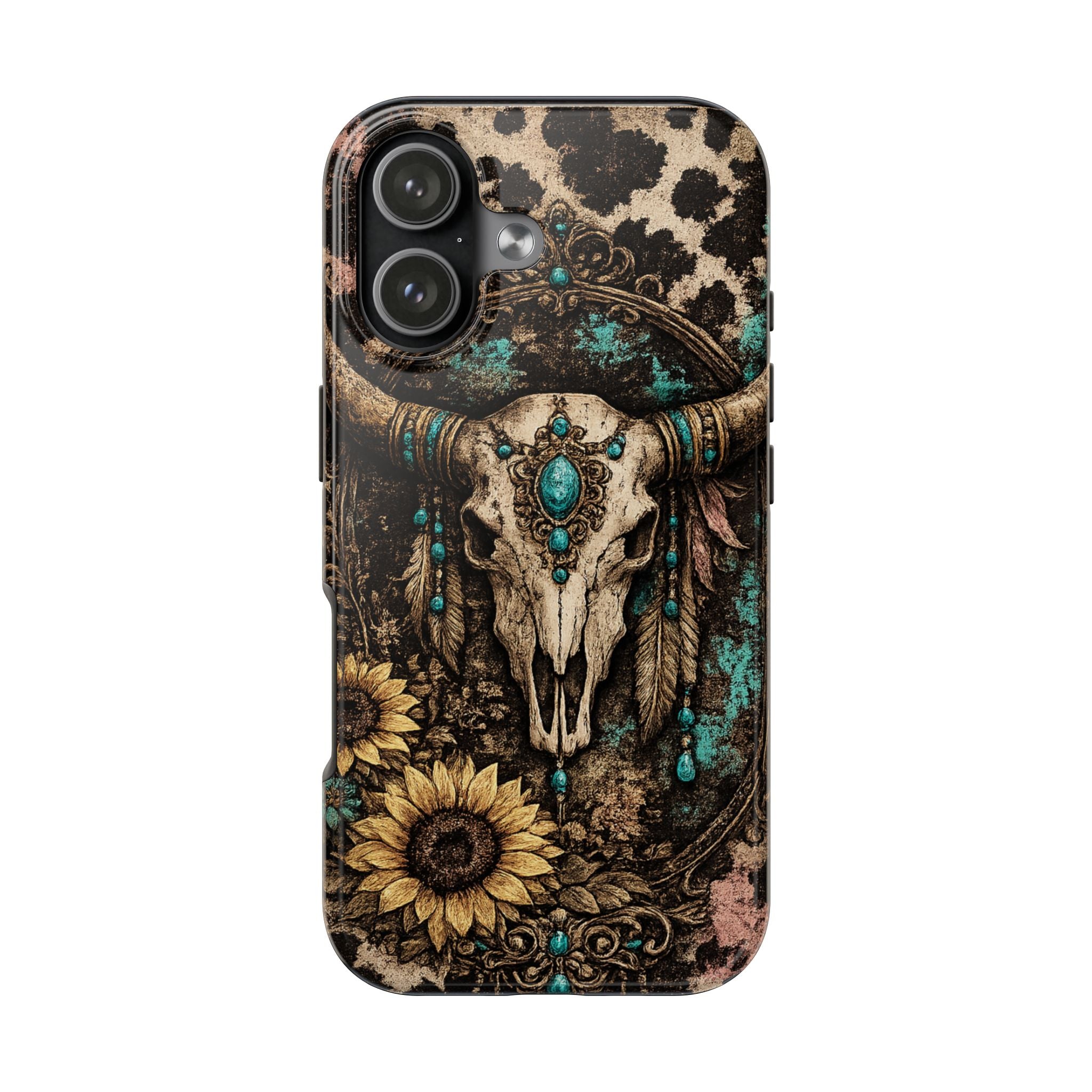 Turquoise Skull Tough Phone Case — Western Cow Skull, Sunflower & Boho Turquoise Accent